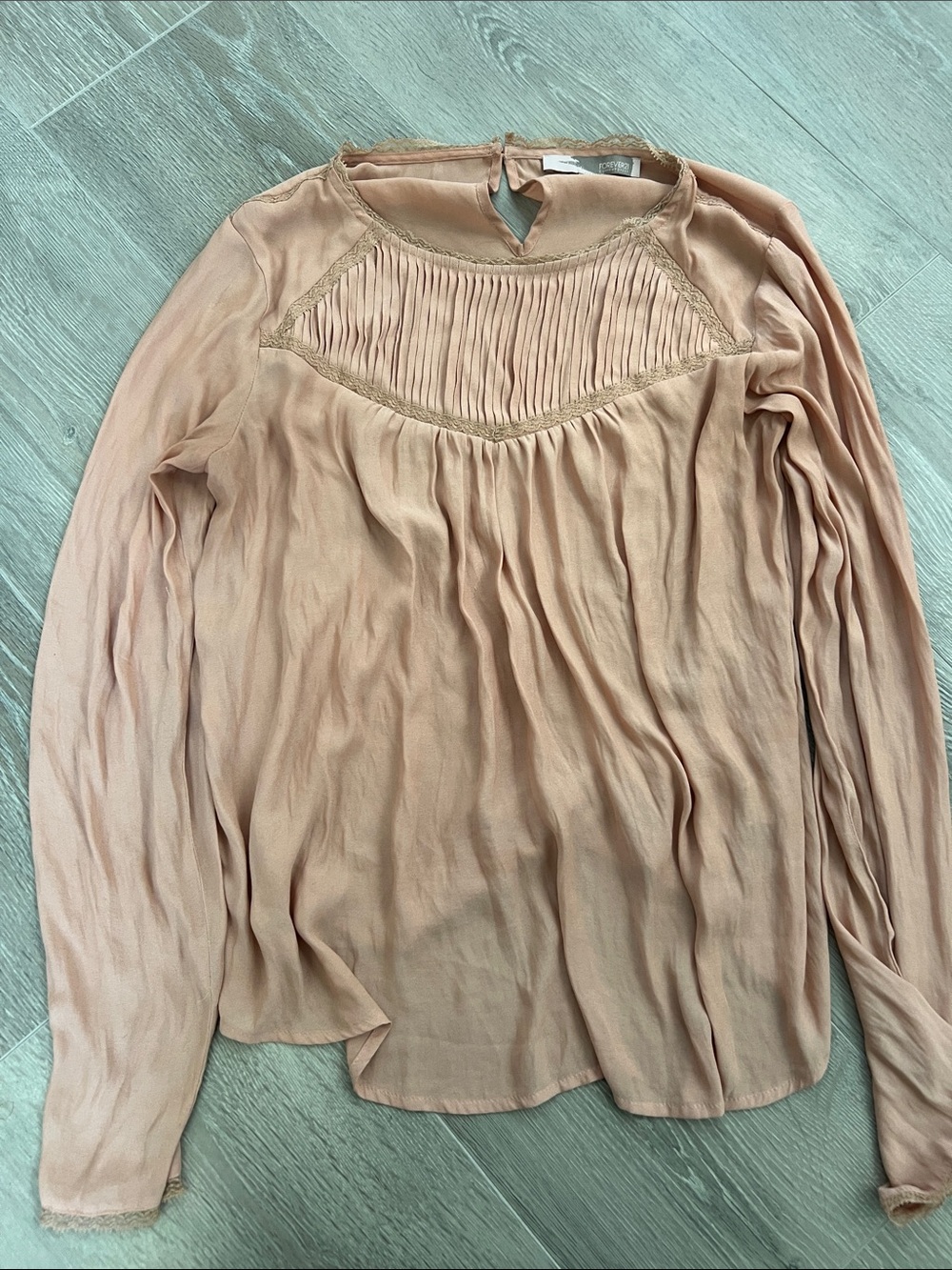 Forever 21 Peach Pleated Yoke Long-Sleeve Blouse